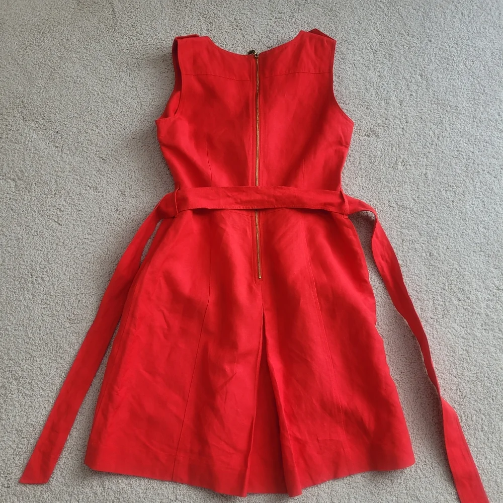 Chic Calvin Klein Red Linen Sleeveless Belted Dress Size 12 W/Pockets Like New - Picture 6 of 13